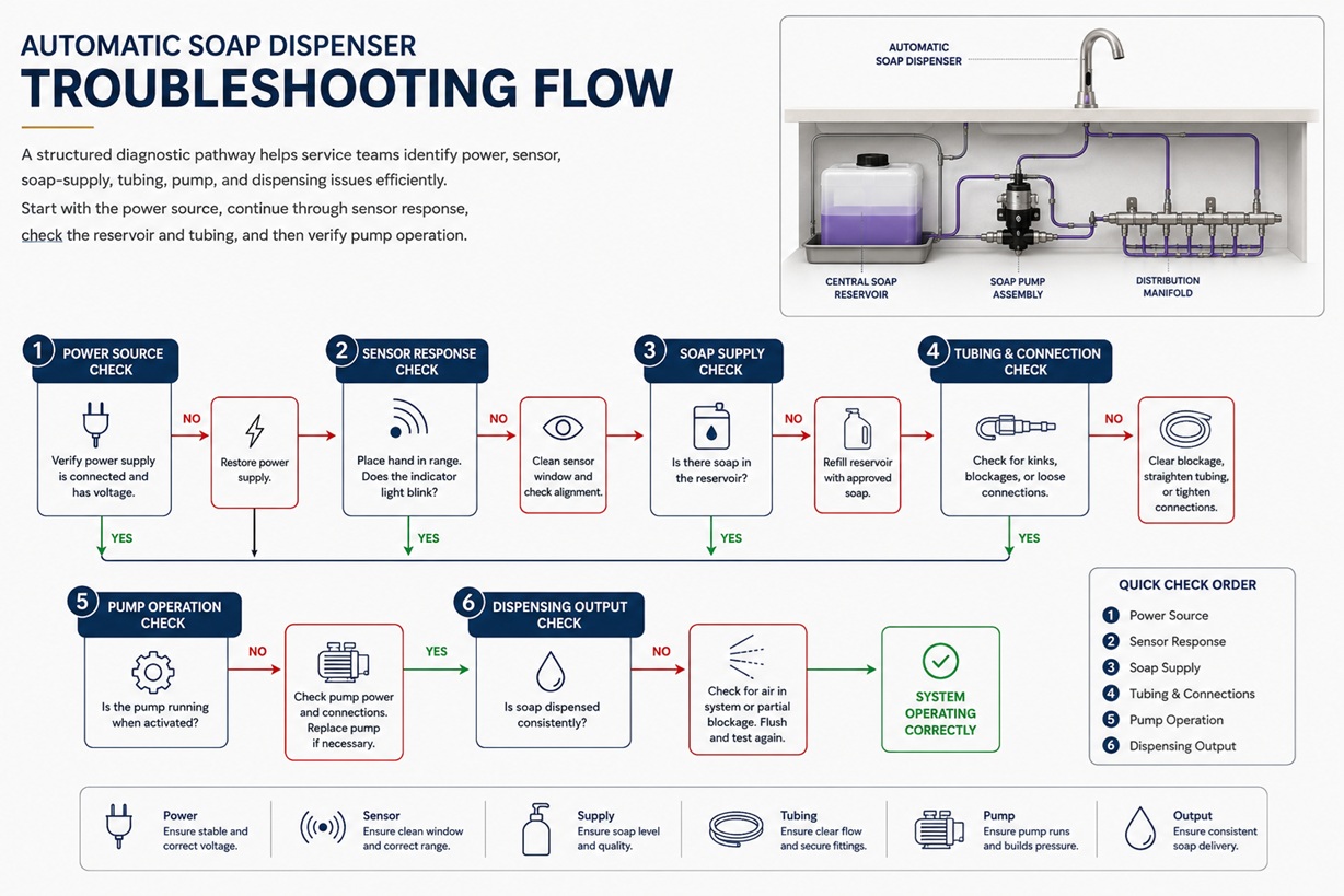 Automatic commercial soap dispenser troubleshooting flow chart