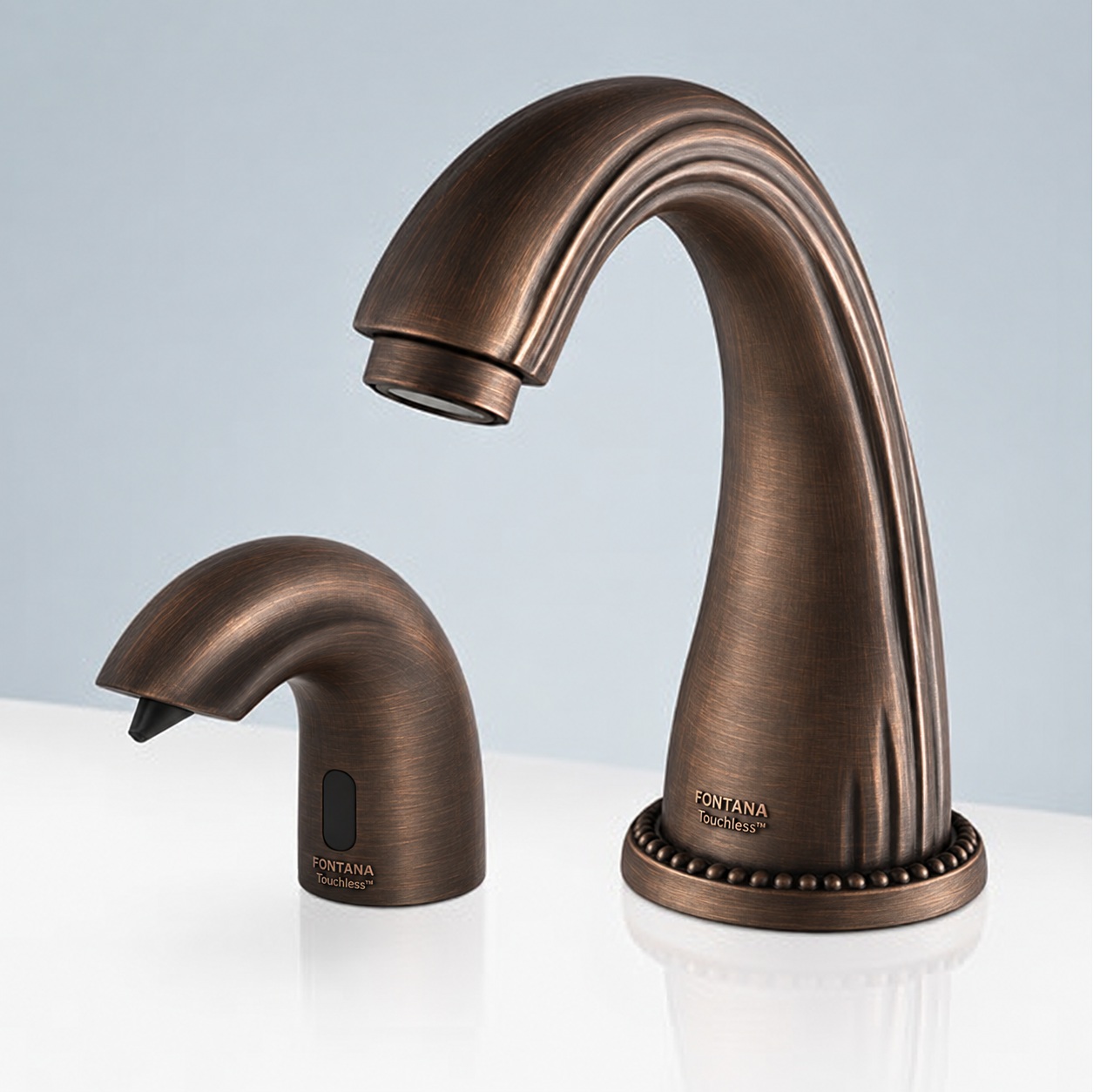 Fontana Touchless deck-mounted automatic faucet and soap dispenser set in antique oil-rubbed bronze