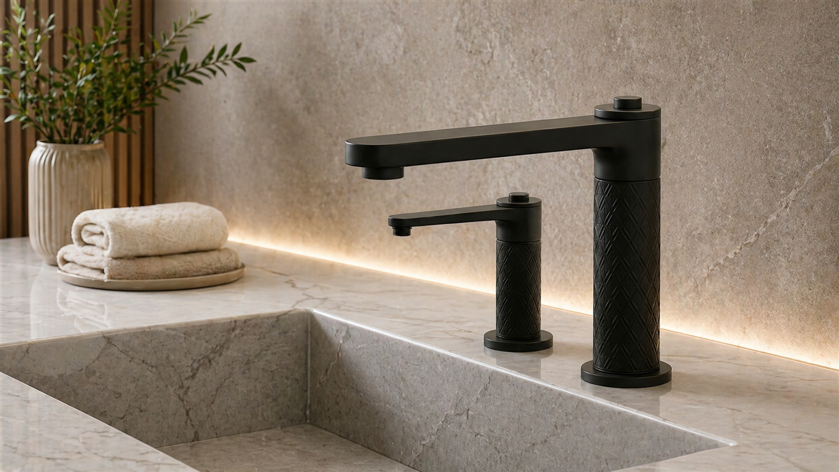 Commercial touchless faucet with marble accent detail