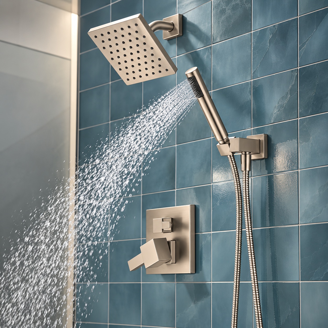 Delta brushed nickel shower head with matching shower trim