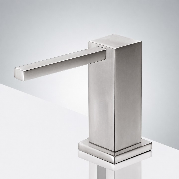 Brushed nickel soap dispenser for commercial restrooms