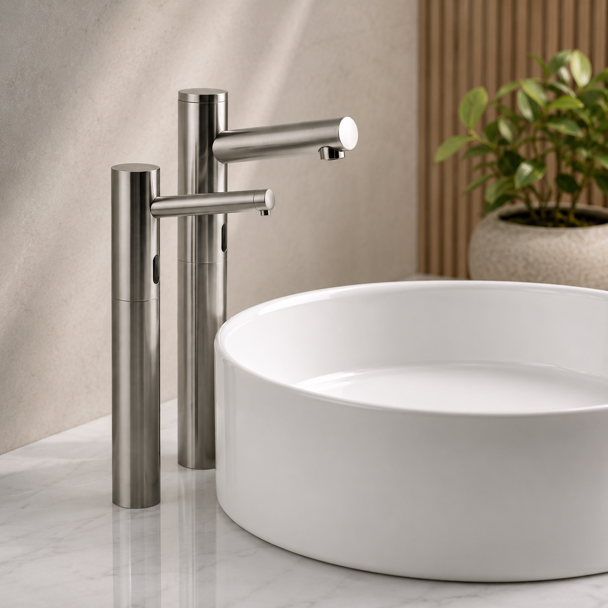 Brushed stainless steel bathroom faucet with vessel sink