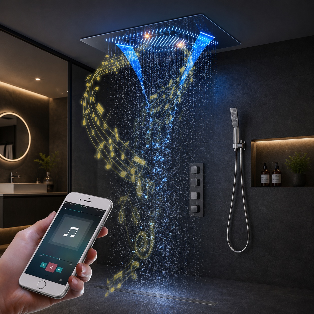 Juno Musical Rectangular Chrome Waterproof Ceiling Remote Control LED Shower Head