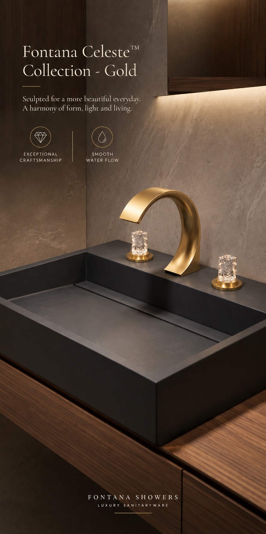 Fontana Elevate Edition Brushed Gold 3 Hole Bathroom Faucet with Crystal Handles