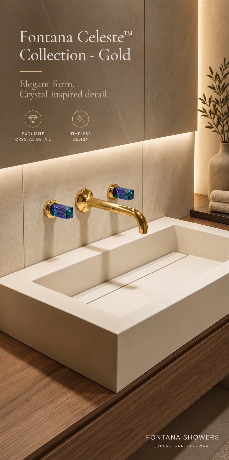 Fontana Celeste Collection Gold Wall Mounted Bathroom Faucet with Multicolour Crystal Handles