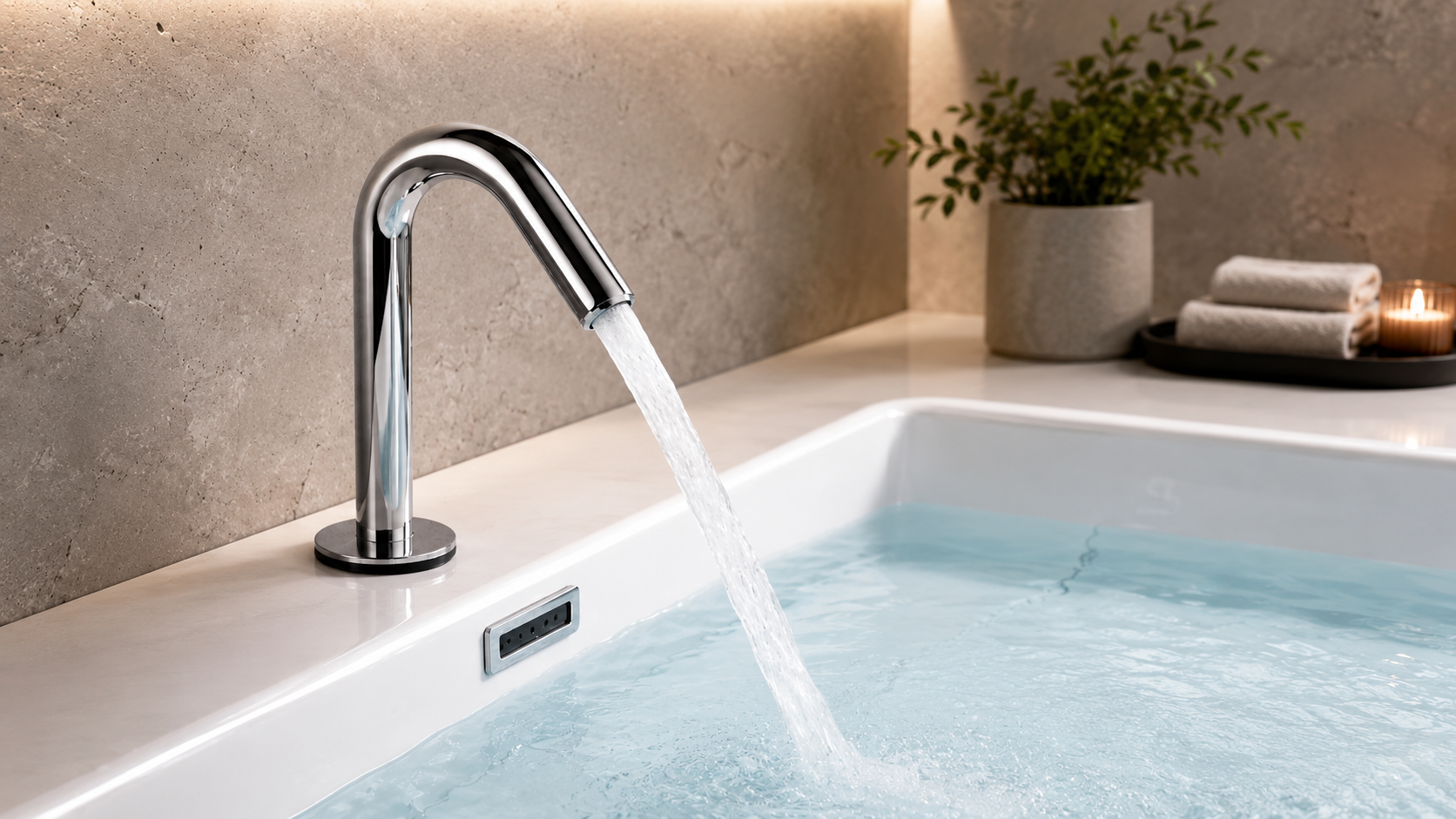 Chrome faucet running water in spa bathroom
