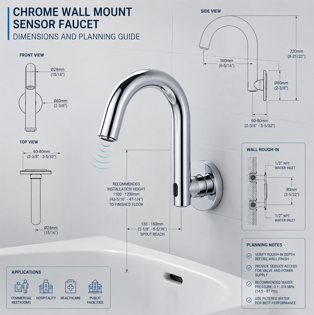 Chrome wall-mounted automatic sensor faucet planning detail showing wall projection, mounting height, basin alignment, rough-in reference and concealed service requirements