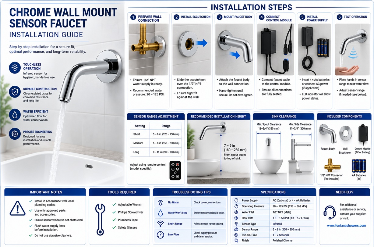 Chrome Wall Mount Sensor Faucet Installation Guide Engineering Drawing
