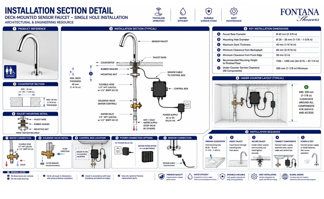Chrome Wall Mount Sensor Faucet Installation Section Detail