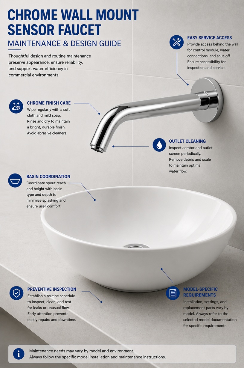 Chrome wall-mounted automatic sensor faucet maintenance and design detail showing basin coordination, sensor environment, concealed service access and wall-mounted configuration