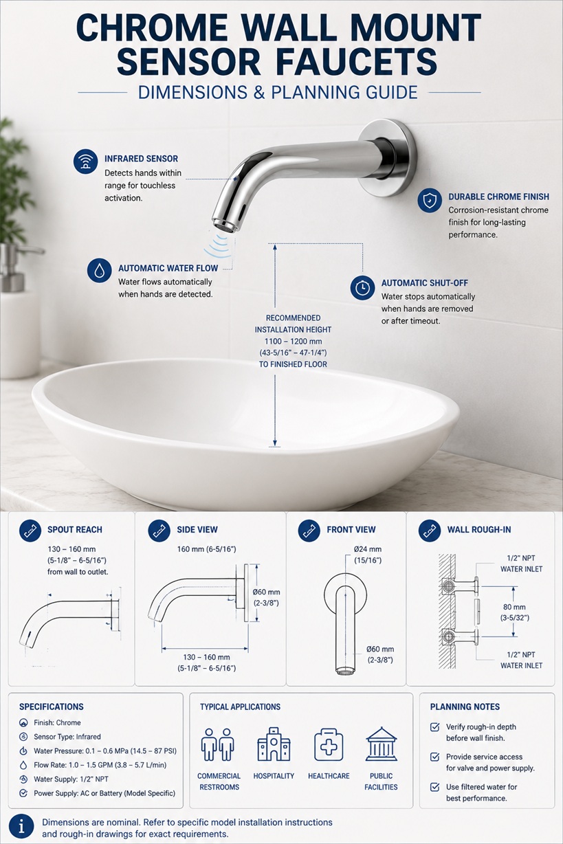 Chrome wall-mounted automatic sensor faucet planning detail showing wall projection, mounting height, basin alignment, rough-in reference and concealed service requirements