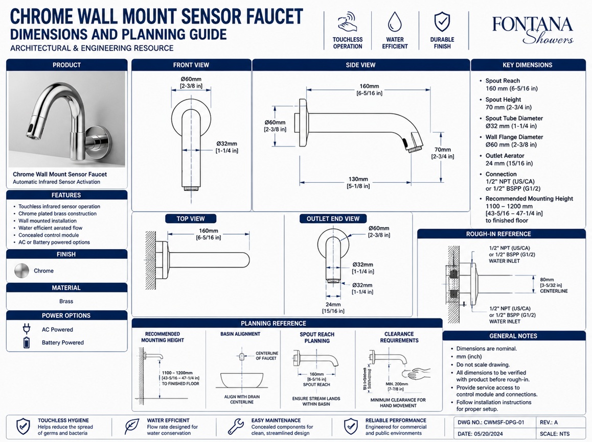 Chrome Wall Mount Sensor Faucet Dimensions and Planning Guide
