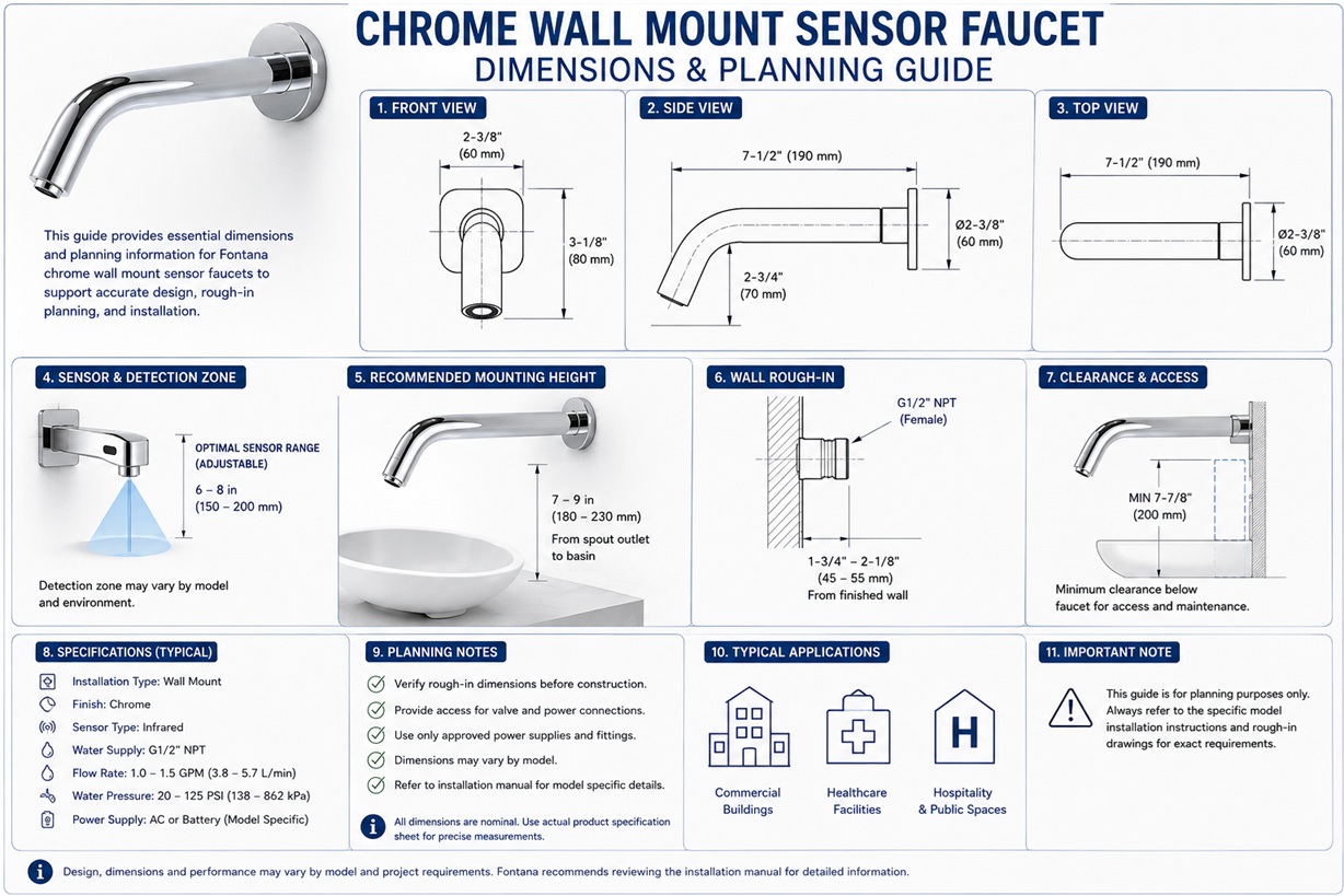 Chrome Wall Mount Sensor Faucet Dimensions and Planning Guide