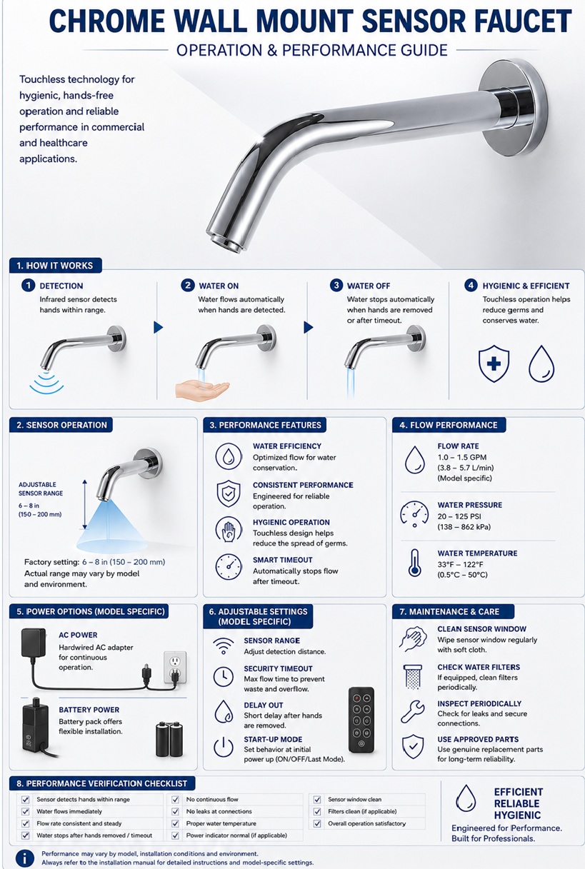 Chrome wall-mounted automatic sensor faucet operation and performance detail showing touchless activation, water delivery, sensor positioning and concealed operating components