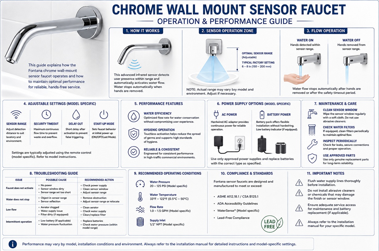 Chrome Wall Mount Sensor Faucet Operation and Performance Guide