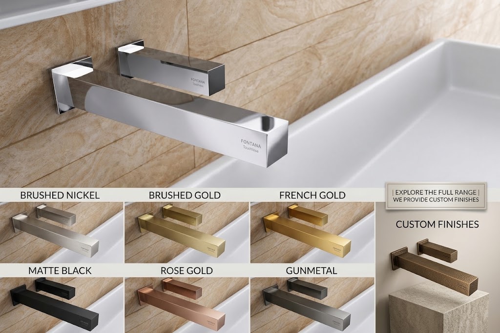 Coordinated Fontana touchless faucet and soap dispenser stations in a commercial restroom