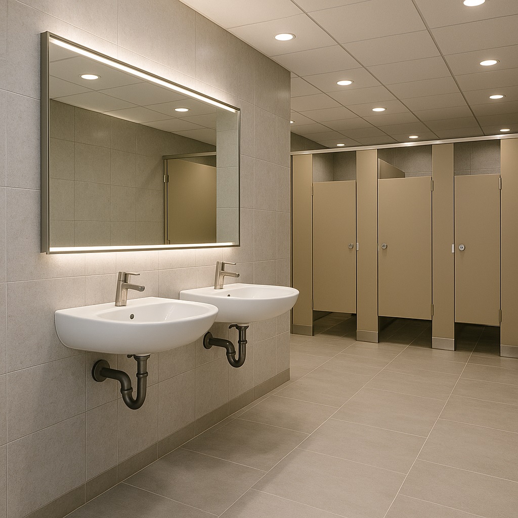 Commercial restroom layout with multiple wall-mounted sinks