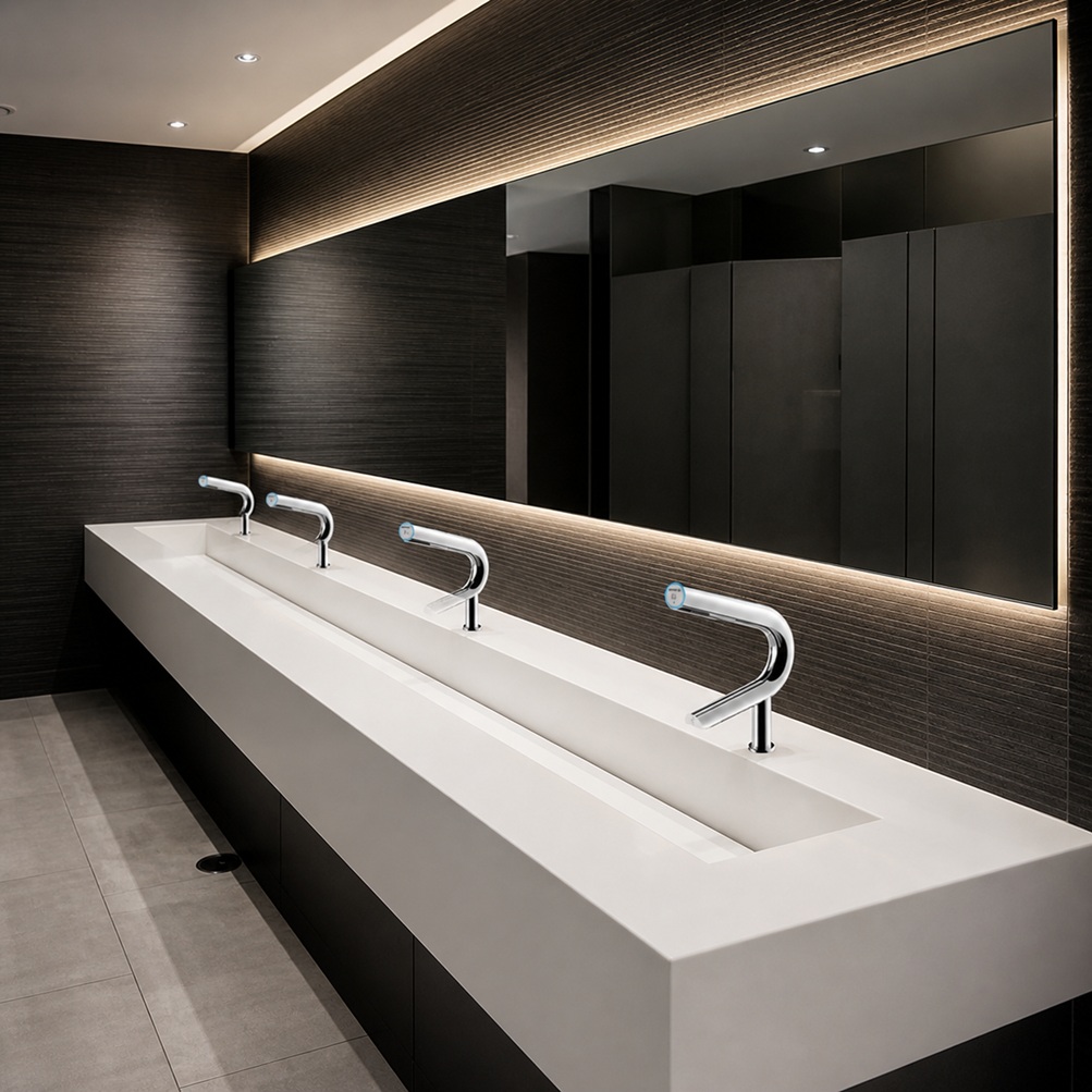 Commercial restroom with automatic touchless faucets for high-traffic bathrooms