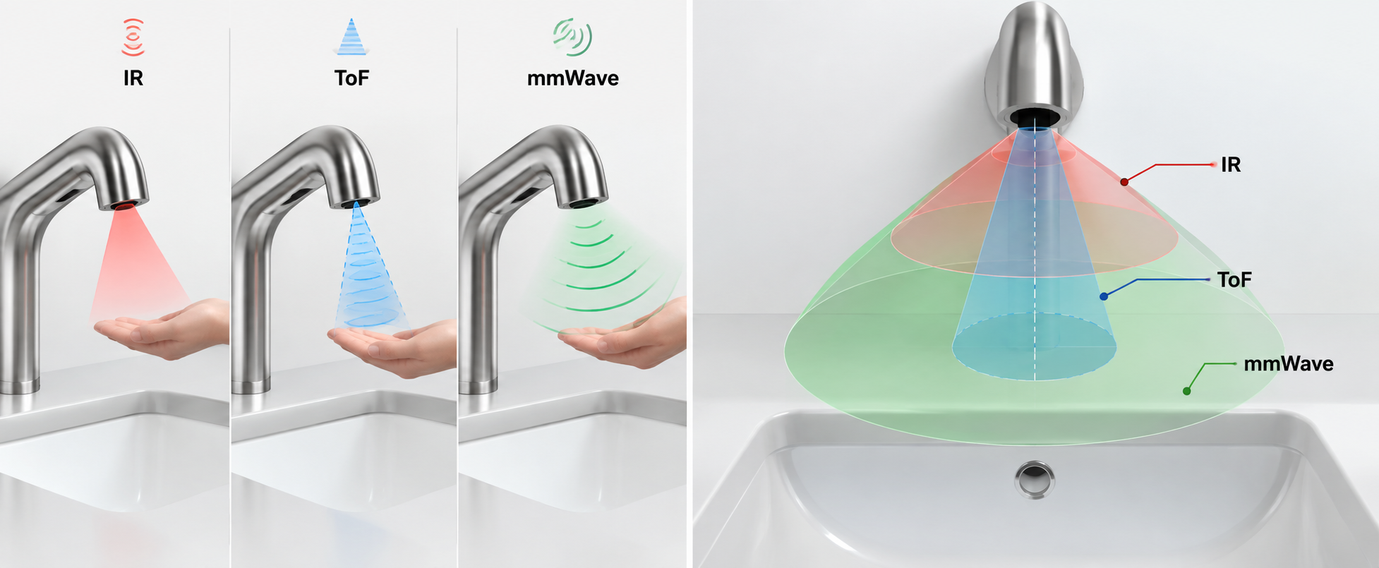 Commercial touchless faucet IR ToF and mmWave sensor detection comparison