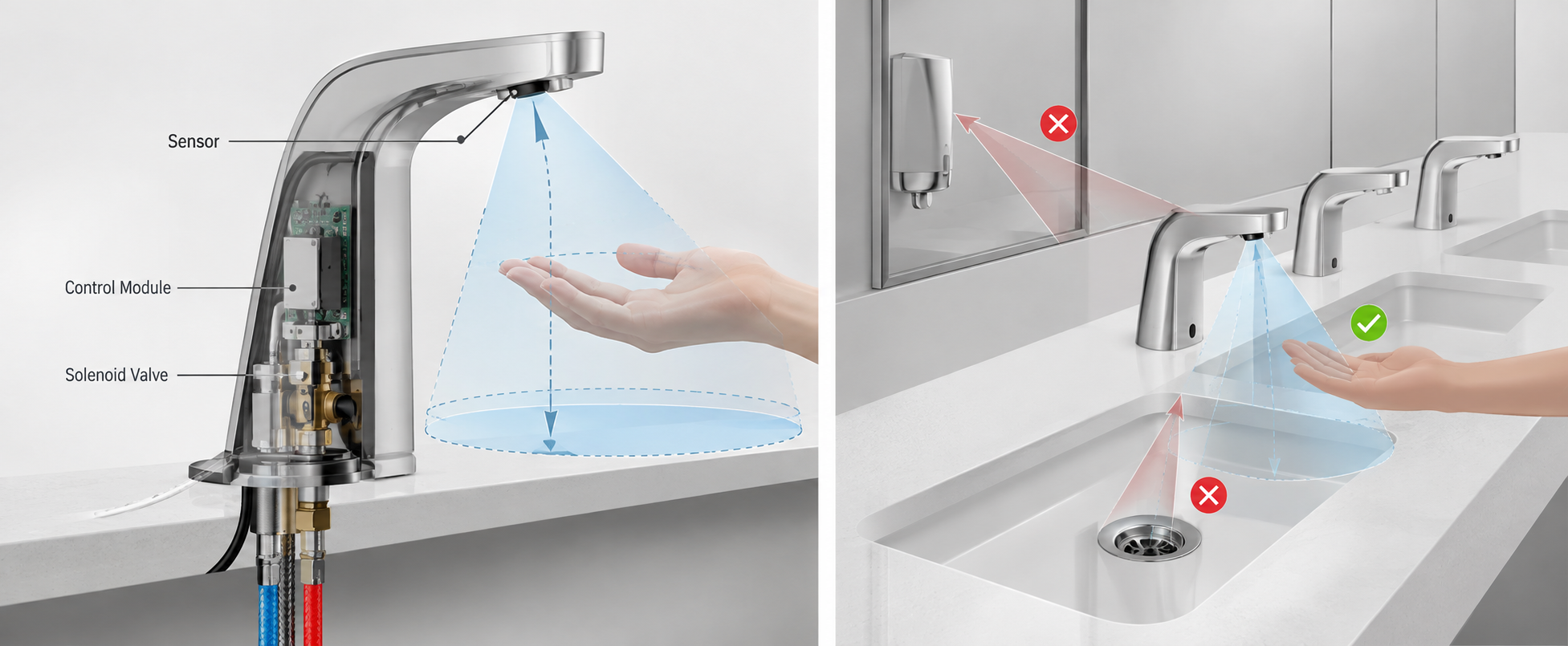 Commercial touchless faucet sensor detection zone and solenoid control diagram