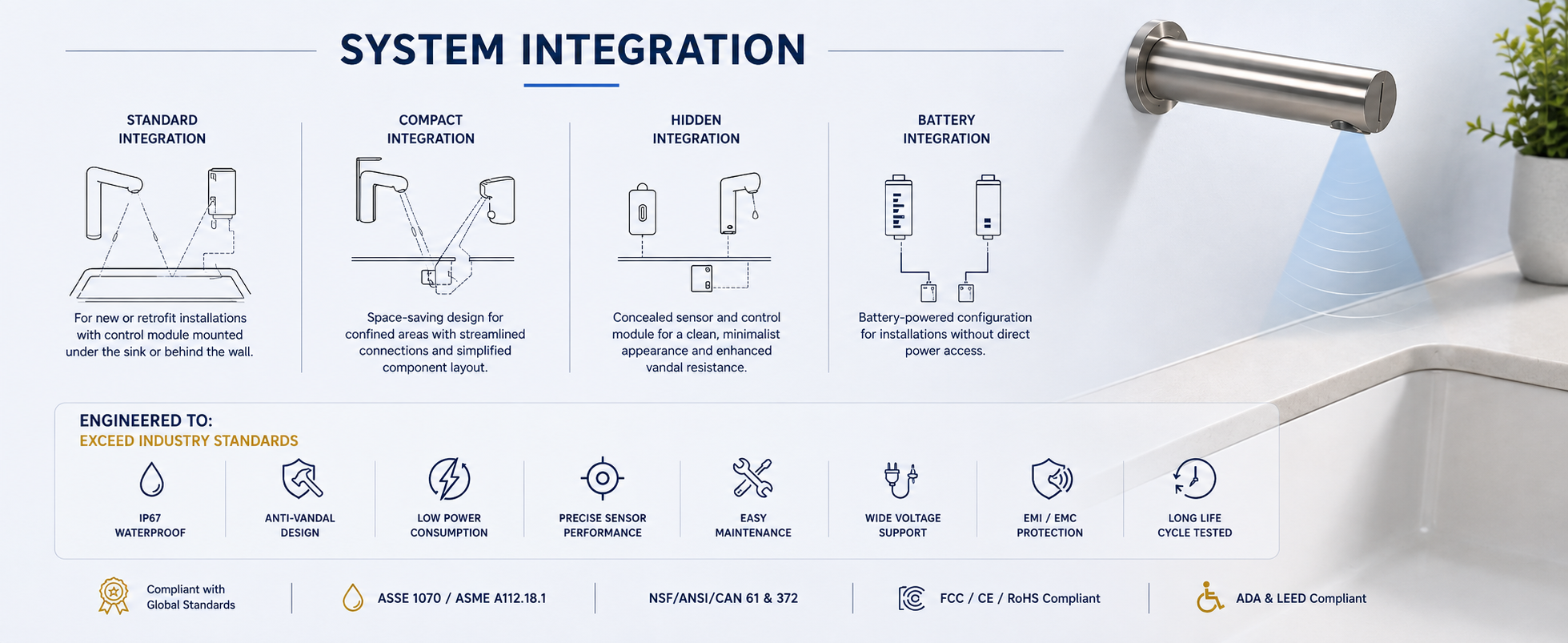 Commercial touchless wash systems using engineered sensor and valve architectures