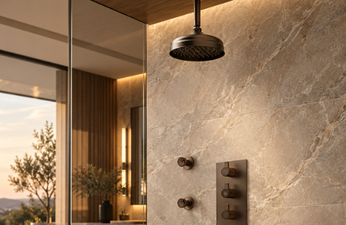 Commercial rainfall shower system in contemporary bathroom