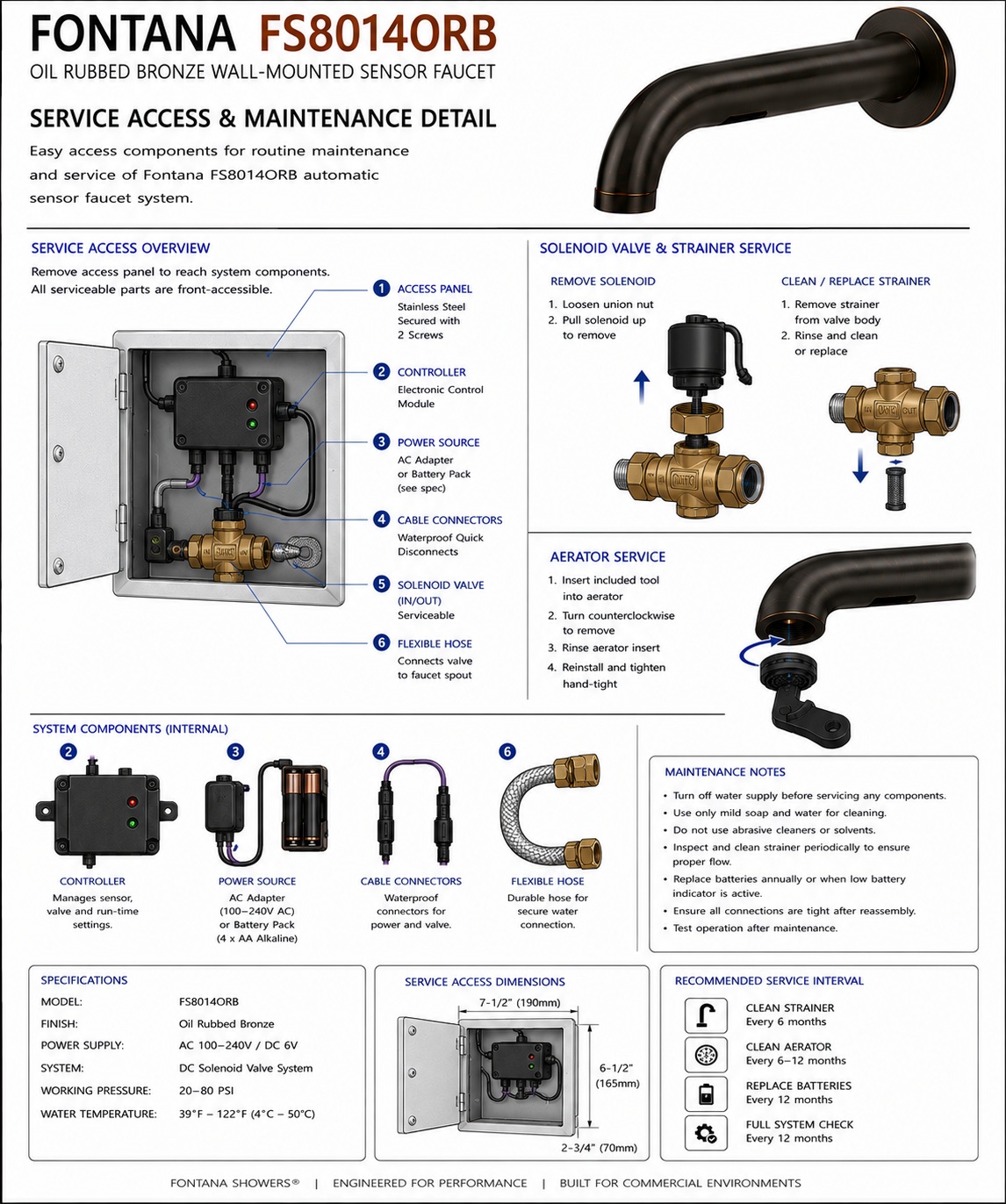 Fontana FS8014ORB service access and maintenance detail showing access panel, solenoid and strainer removal directions, controller, power source, flexible hose, cable connectors and aerator service