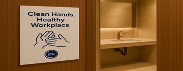 Office employee washing hands under a sensor faucet