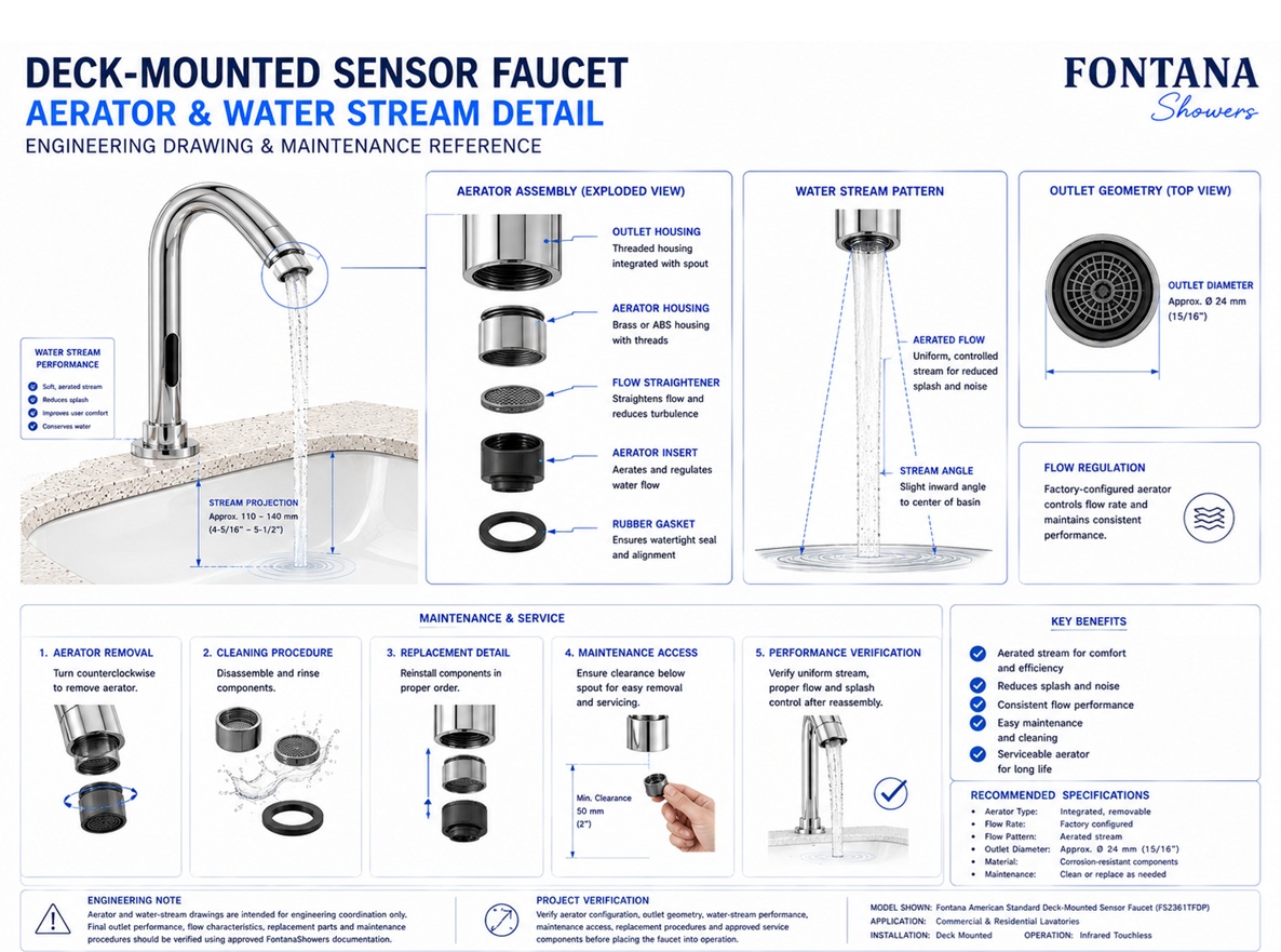 Deck-Mounted Sensor Faucet Aerator and Water Stream Detail Engineering Drawing