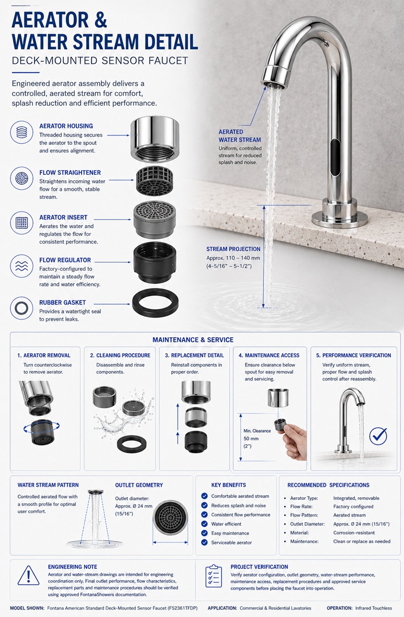Fontana American Standard deck-mounted sensor faucet aerator and water stream detail showing aerator assembly, outlet geometry, stream pattern and maintenance access.