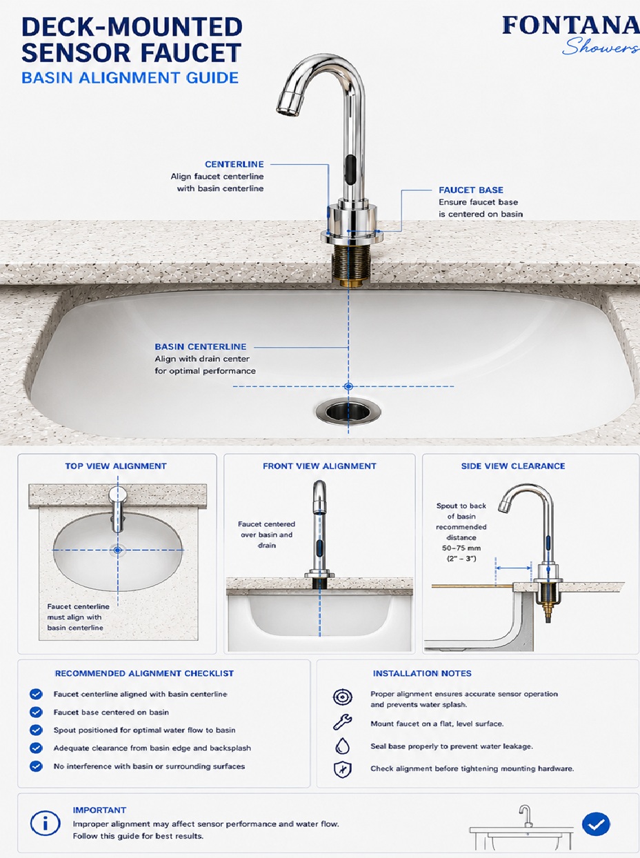 Fontana American Standard deck-mounted sensor faucet basin alignment guide showing faucet centerline, basin centerline, water stream landing point, sensor zone and countertop clearances.