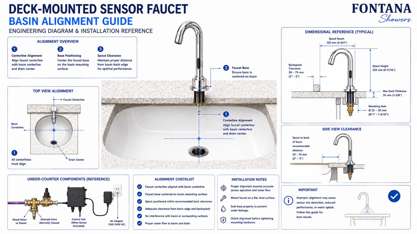 Deck-Mounted Sensor Faucet Basin Alignment Engineering Drawing and Installation Reference