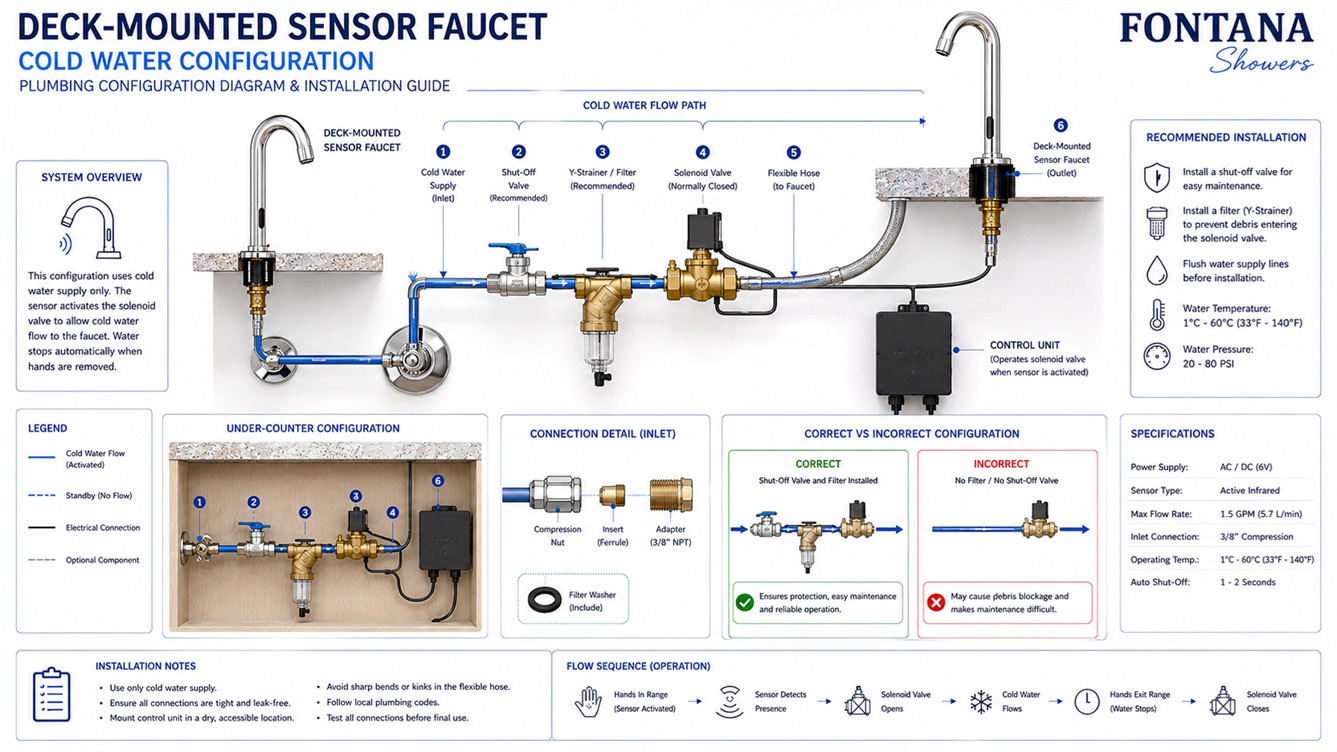 Deck-Mounted Sensor Faucet Cold Water Configuration Engineering Drawing