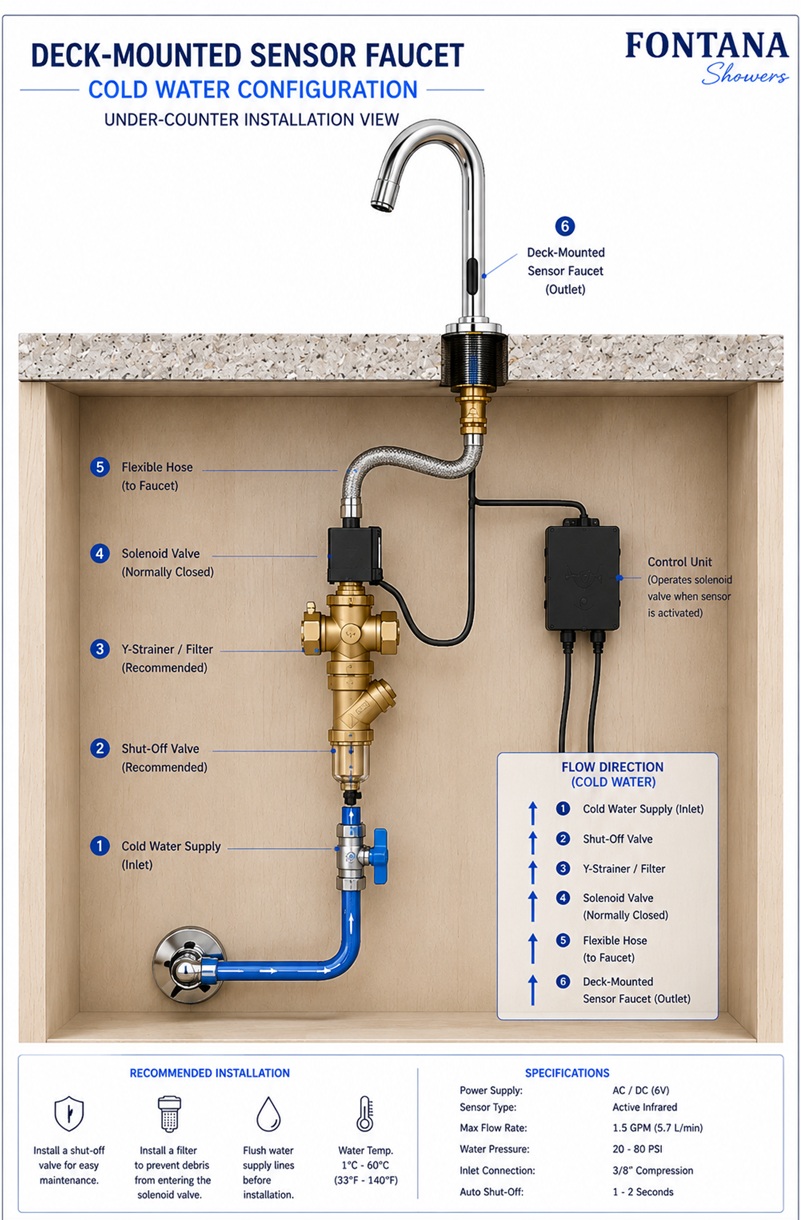 Fontana American Standard deck-mounted sensor faucet cold-water configuration drawing showing cold-water inlet, shutoff valve, filter, solenoid valve, flexible supply hose, faucet inlet, aerator outlet and flow direction