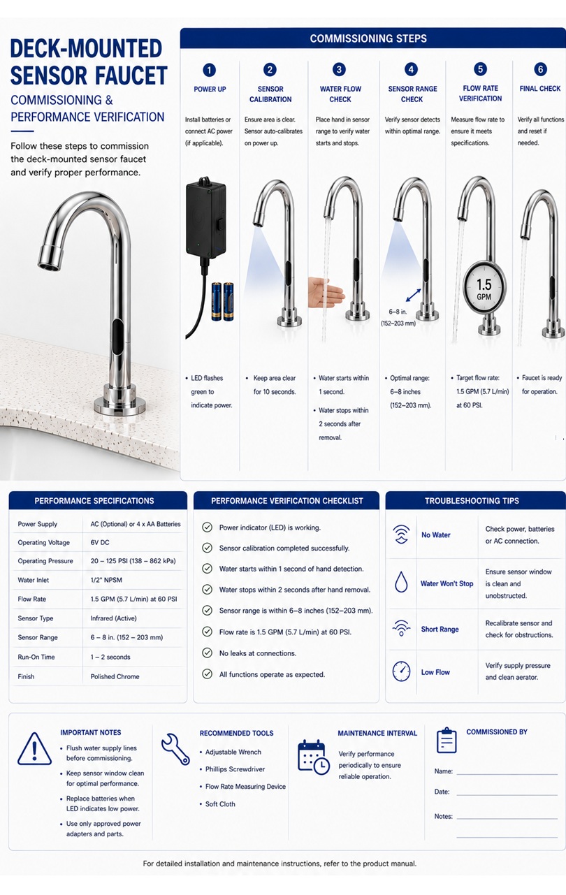 Fontana American Standard deck-mounted sensor faucet commissioning and performance verification diagram showing commissioning sequence, sensor testing, water flow verification, leak inspection and final operational approval.