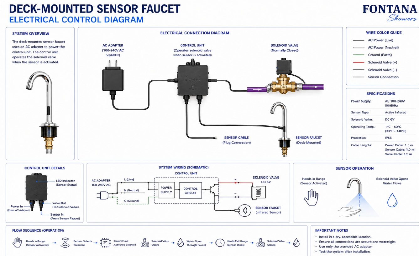 Deck-Mounted Sensor Faucet Electrical Control Diagram Engineering Drawing
