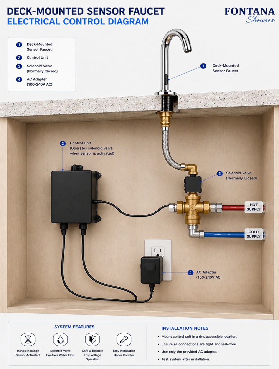 Fontana American Standard deck-mounted sensor faucet electrical control diagram showing infrared sensor, control box, transformer, battery pack, solenoid valve and cable routing