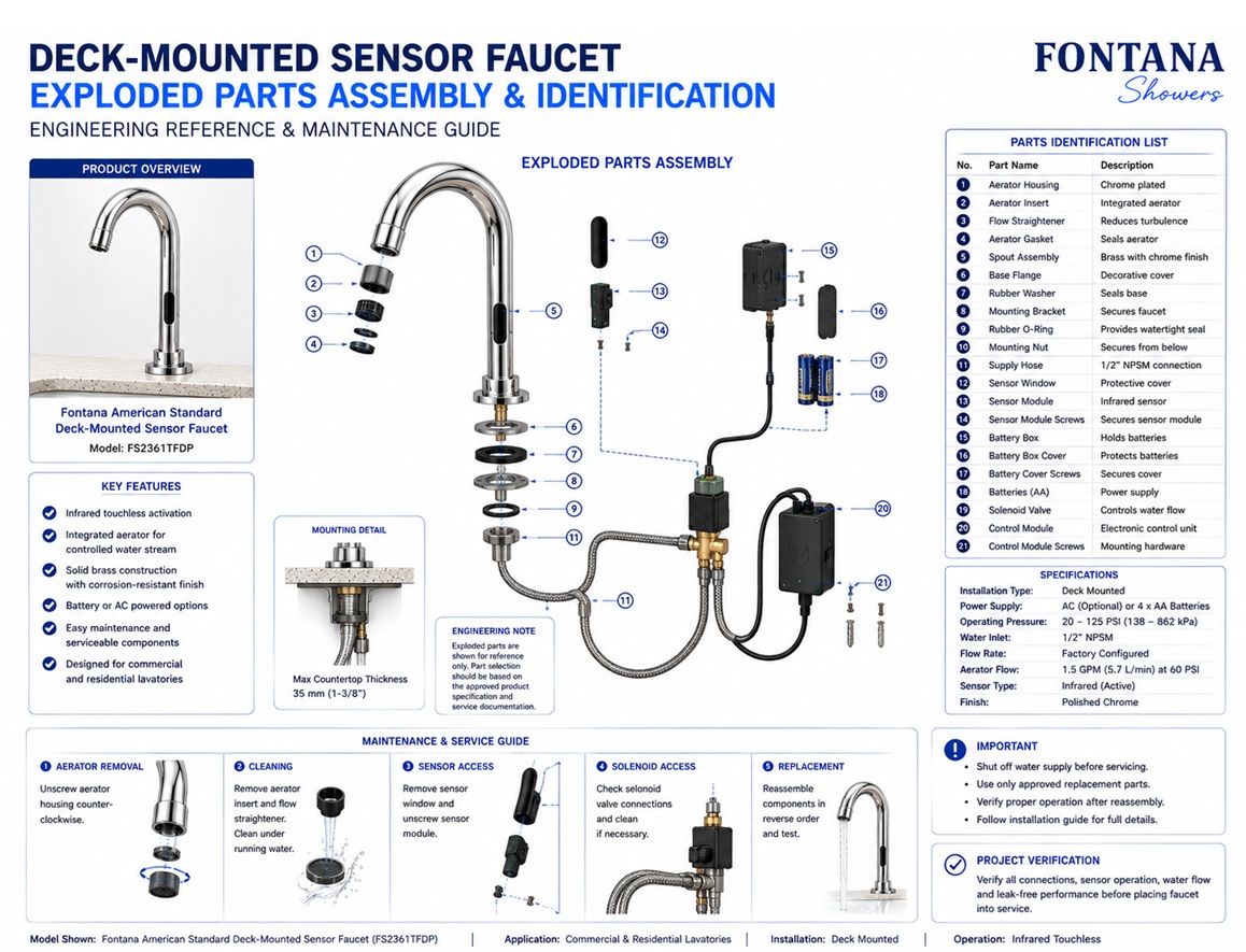 Deck-Mounted Sensor Faucet Exploded Parts Assembly and Identification Engineering Drawing