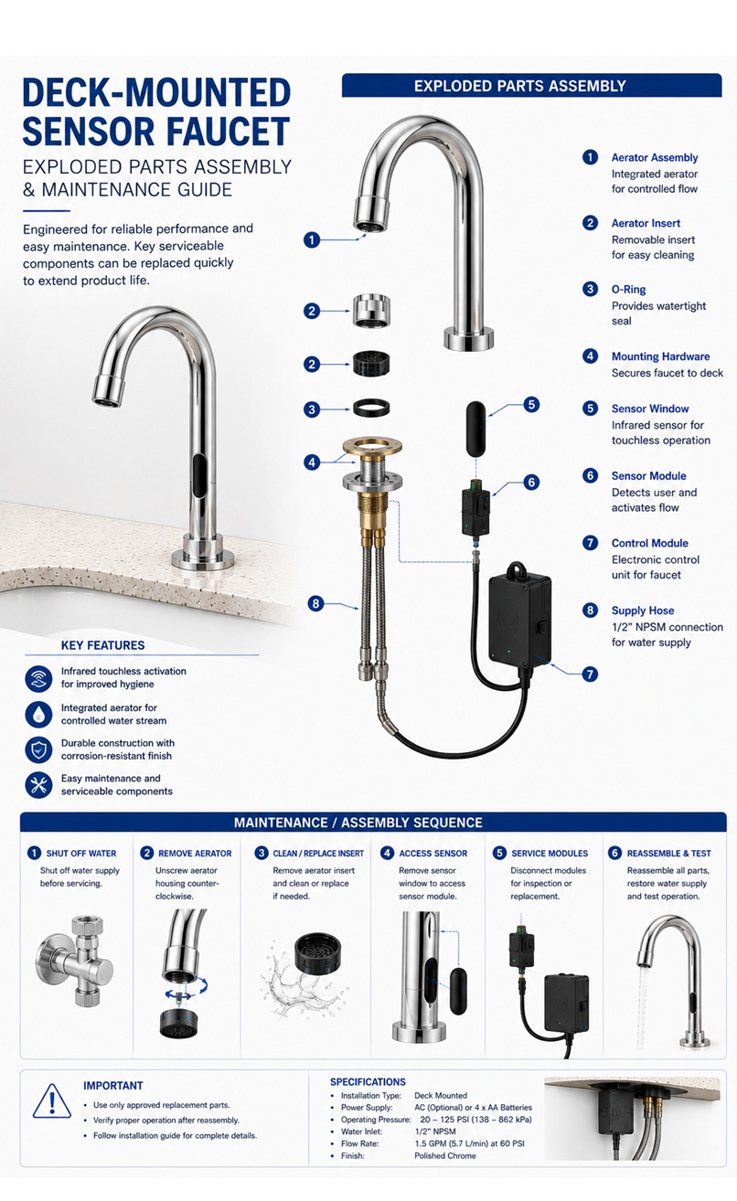 Fontana American Standard deck-mounted sensor faucet exploded assembly drawing showing the faucet body, infrared sensor, aerator, mounting hardware, flexible hose, solenoid valve, control box and serviceable components.