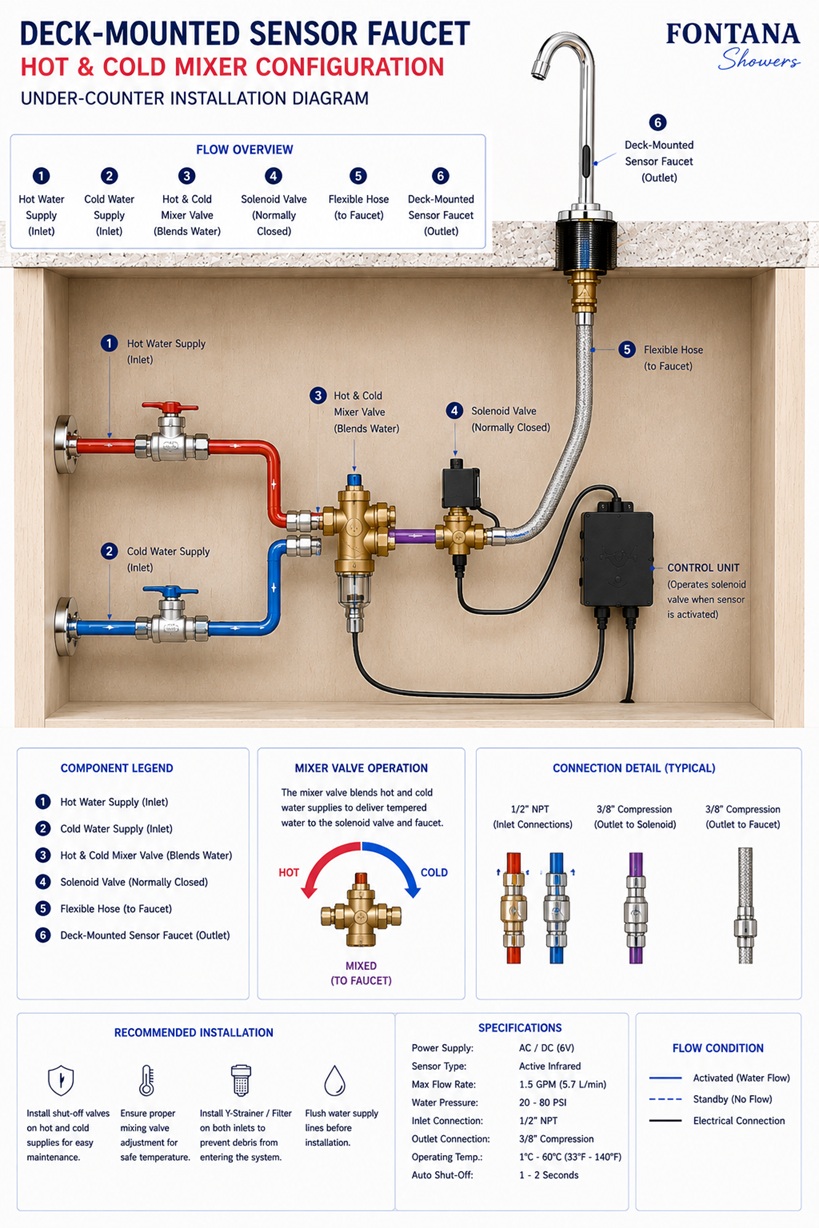 Fontana American Standard deck-mounted sensor faucet hot and cold mixer configuration showing hot and cold water supplies, mixer valve, solenoid valve, flexible hose, control unit and flow direction