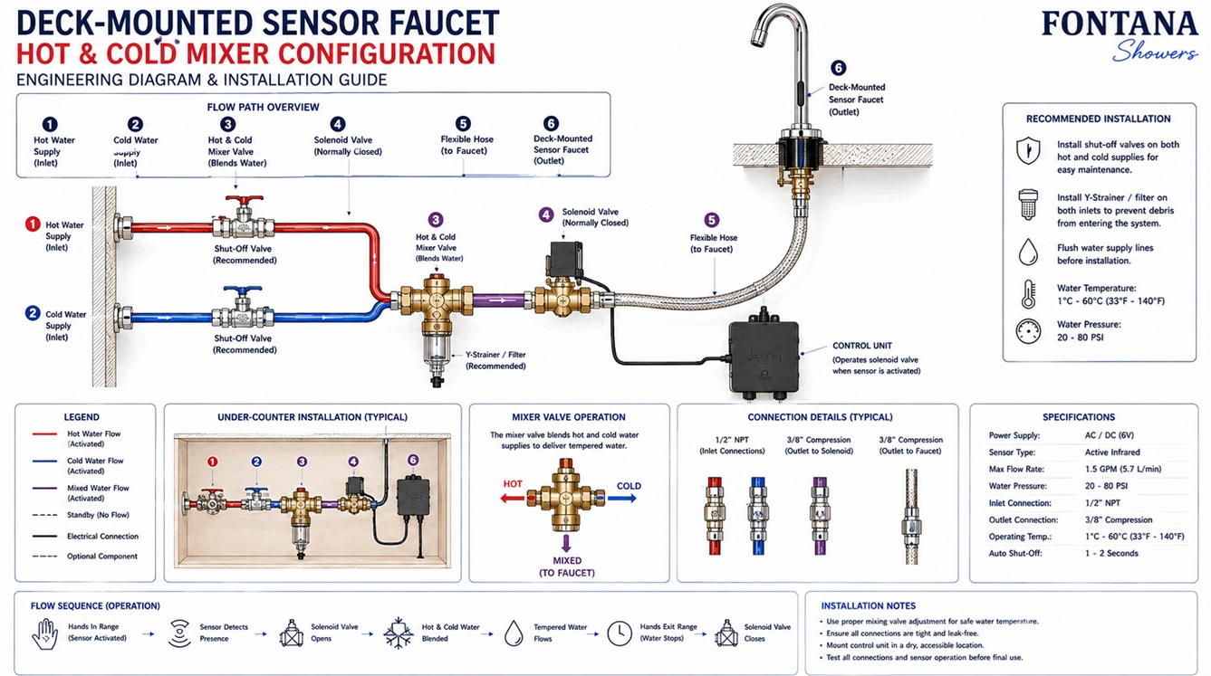 Deck-Mounted Sensor Faucet Hot and Cold Mixer Configuration Engineering Drawing
