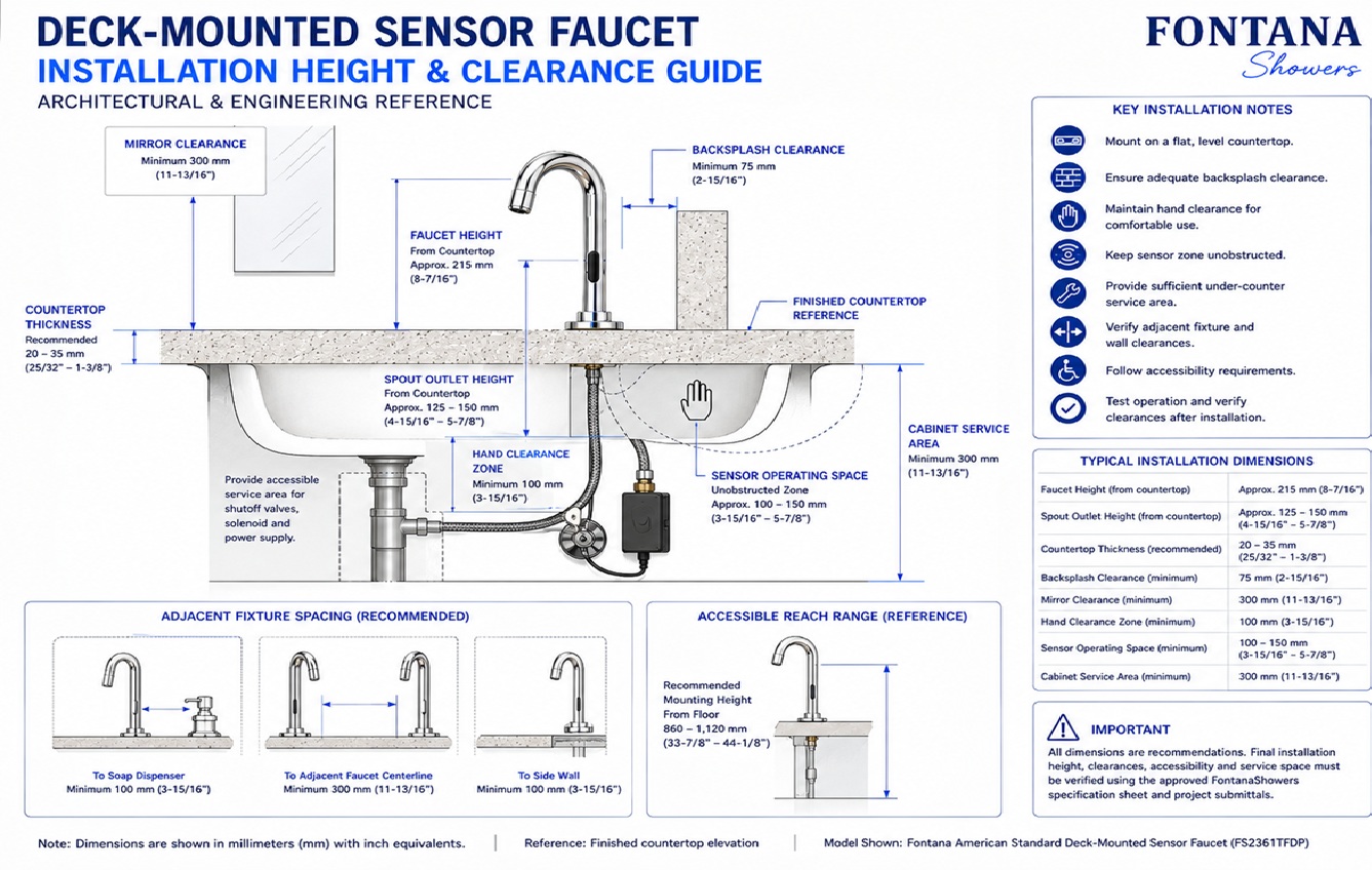 Deck-Mounted Sensor Faucet Installation Height and Clearance Engineering Drawing
