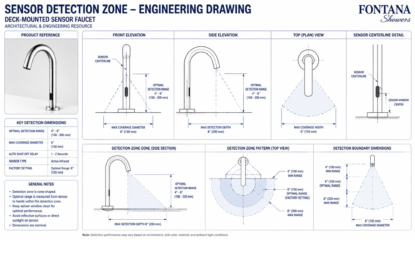 Deck-Mounted Sensor Faucet Sensor Detection Zone Engineering Drawing