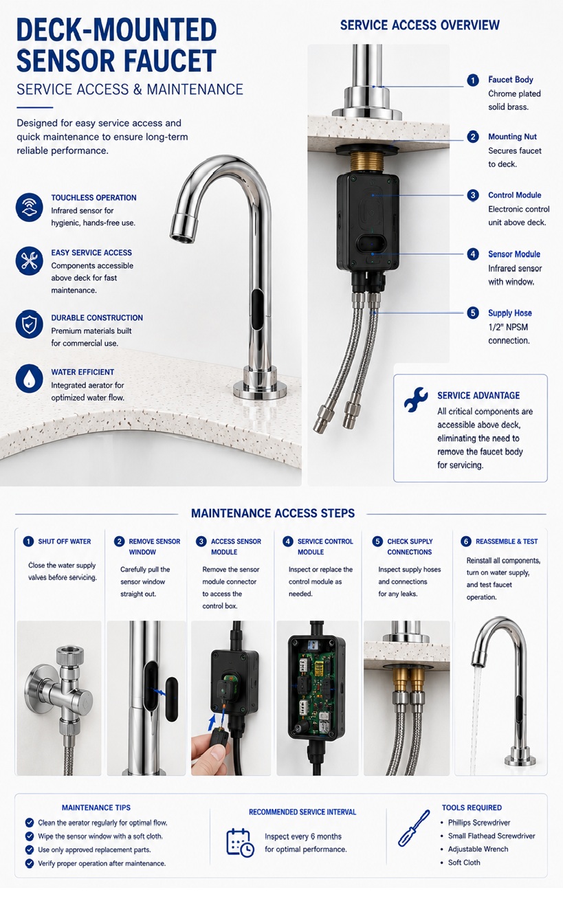 Fontana American Standard deck-mounted sensor faucet service access and maintenance drawing showing the control box, solenoid valve, filter, shutoff valves, flexible hose and maintenance clearances.