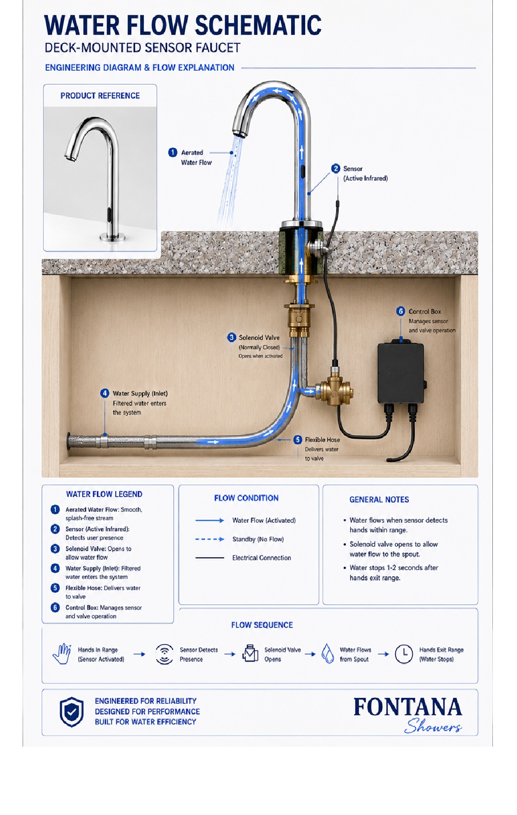 Fontana American Standard deck-mounted sensor faucet water-flow schematic showing supply inlet, shutoff valve, optional mixer, filter, solenoid valve, flexible hose, faucet inlet, aerator outlet and flow direction