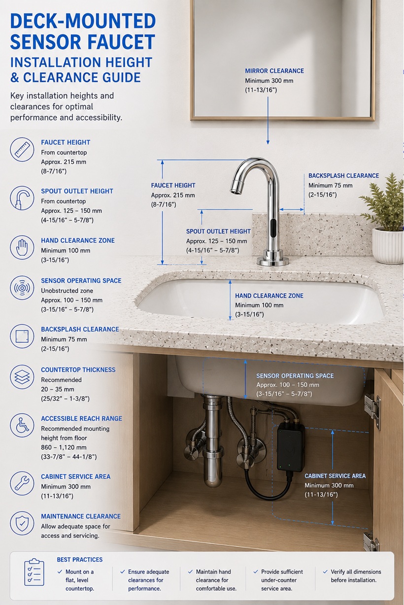 Fontana American Standard deck-mounted sensor faucet installation height and clearance guide showing countertop reference, faucet height, hand clearance and service access.