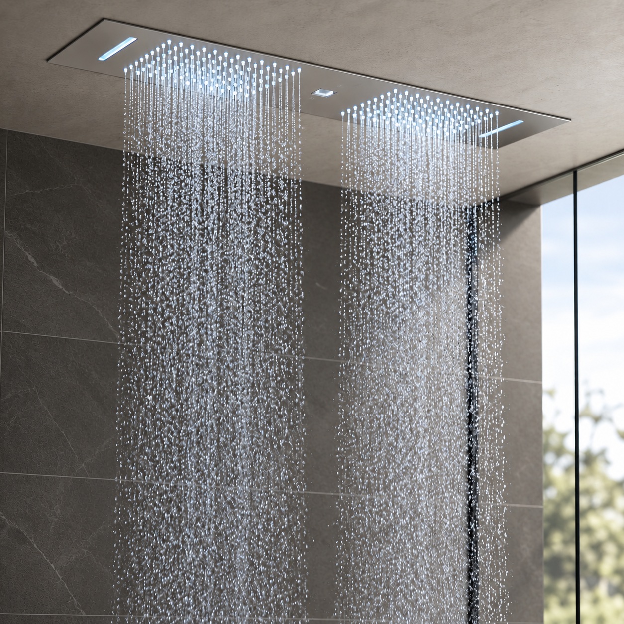 Delta rain shower head with wide overhead spray coverage