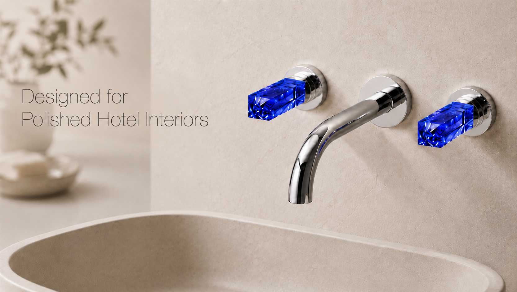 DuoAurex Line Chrome Wall Mount Faucet with Blue Crystal Handles in Luxury Bathroom Sink