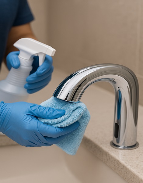 Technician gently cleaning a touchless office faucet