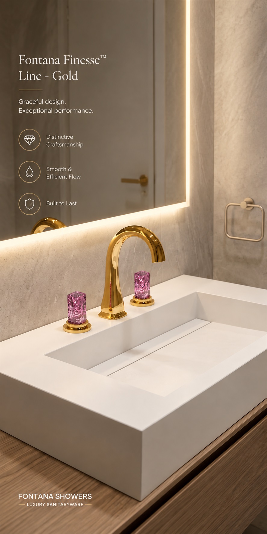 Fontana Finesse Line Gold 3 Hole Bathroom Faucet with Pink Crystal Handles
